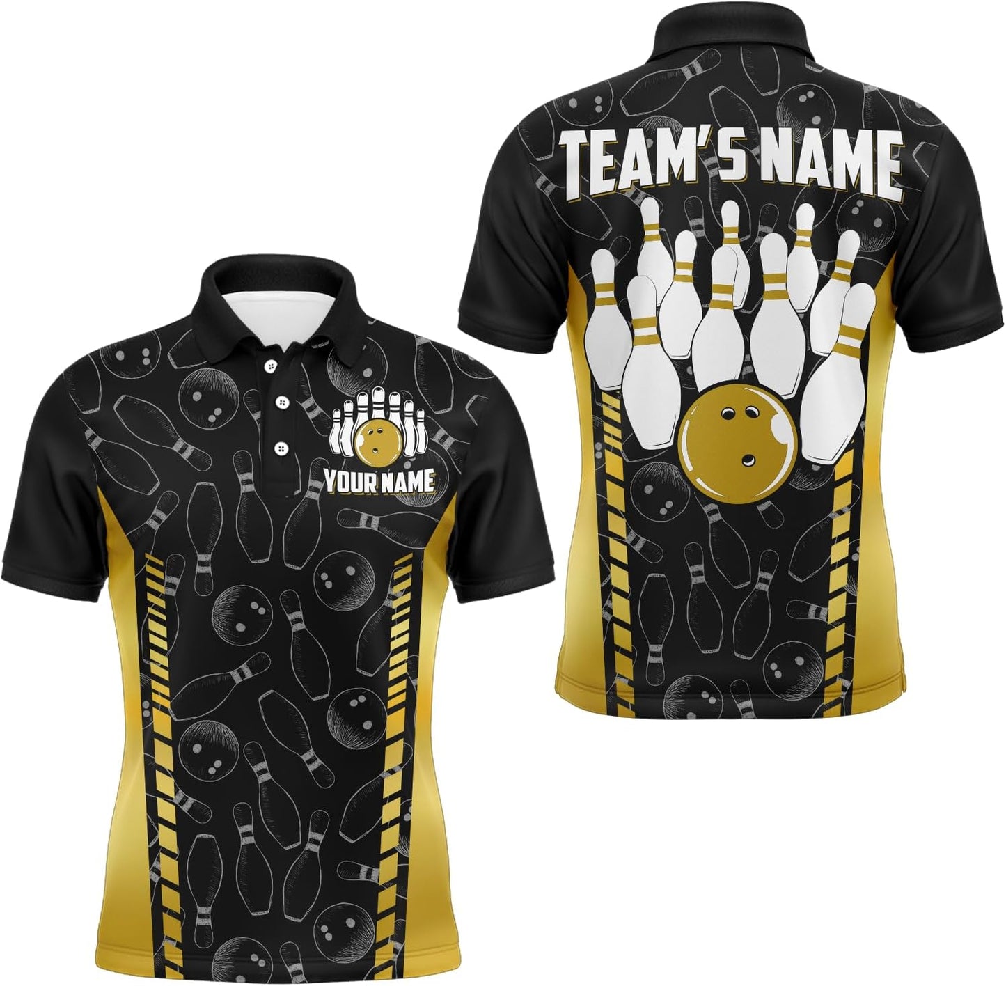 Custom Bowling Unisex Polo Shirts, Bowling Team Jersey Pattern, Bowling uniforms Ball & Pins Multicolor Options
