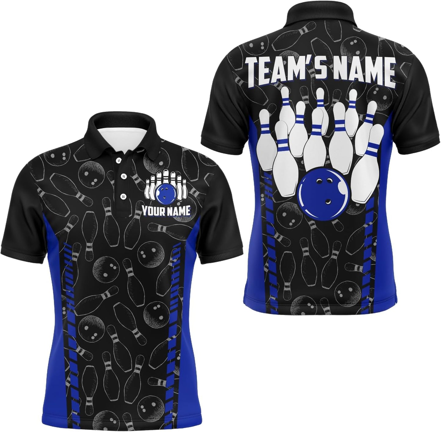 Custom Bowling Unisex Polo Shirts, Bowling Team Jersey Pattern, Bowling uniforms Ball & Pins Multicolor Options