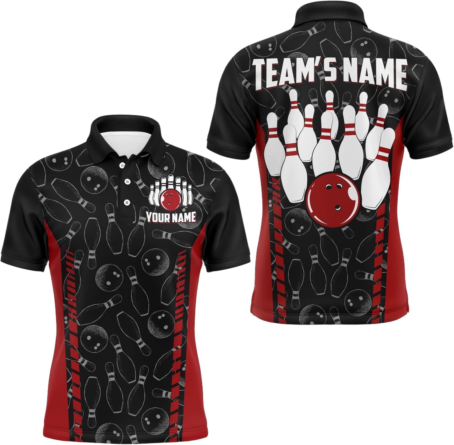 Custom Bowling Unisex Polo Shirts, Bowling Team Jersey Pattern, Bowling uniforms Ball & Pins Multicolor Options