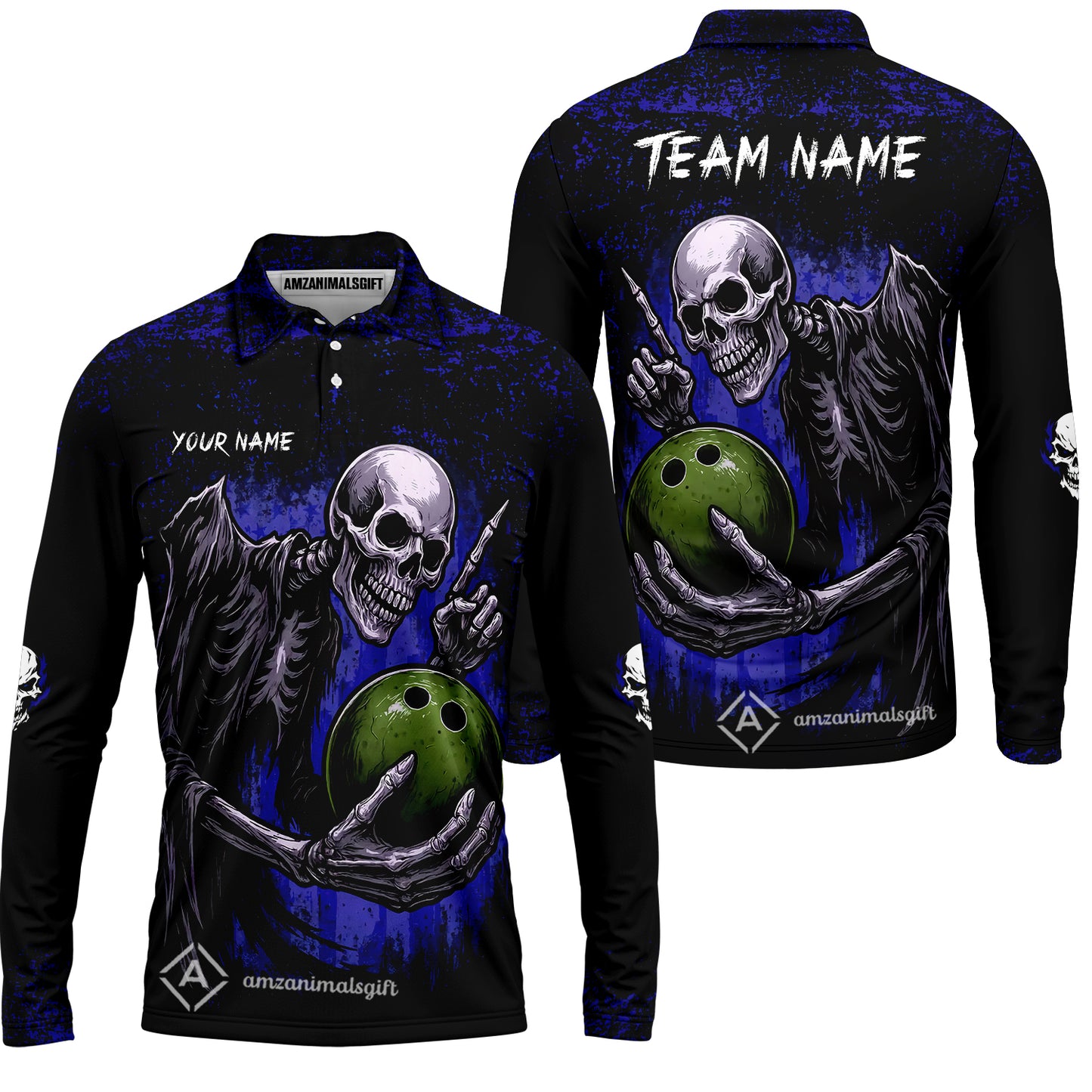 Custom Colorful Skeleton Bowling Team Jerseys Polo Shirts, Bowling uniforms, Bowling Shirts Personalized Name And Team Name