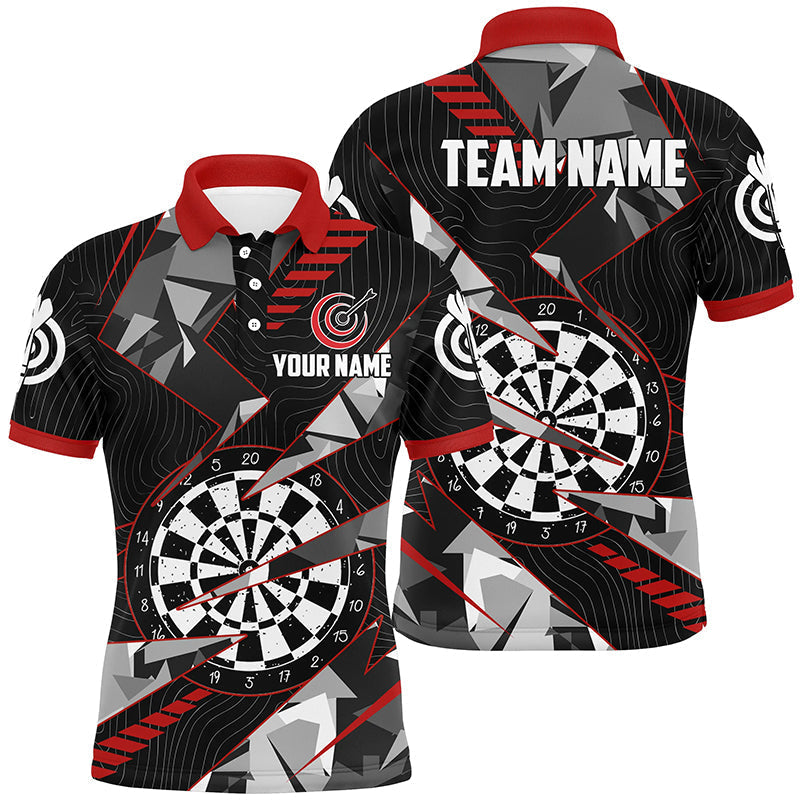 Custom Darts Team Jersey Unisex Polo Shirts, Custom Black Red Grunge Darts Team Jerseys Uniform, Personalized Name And Team Name
