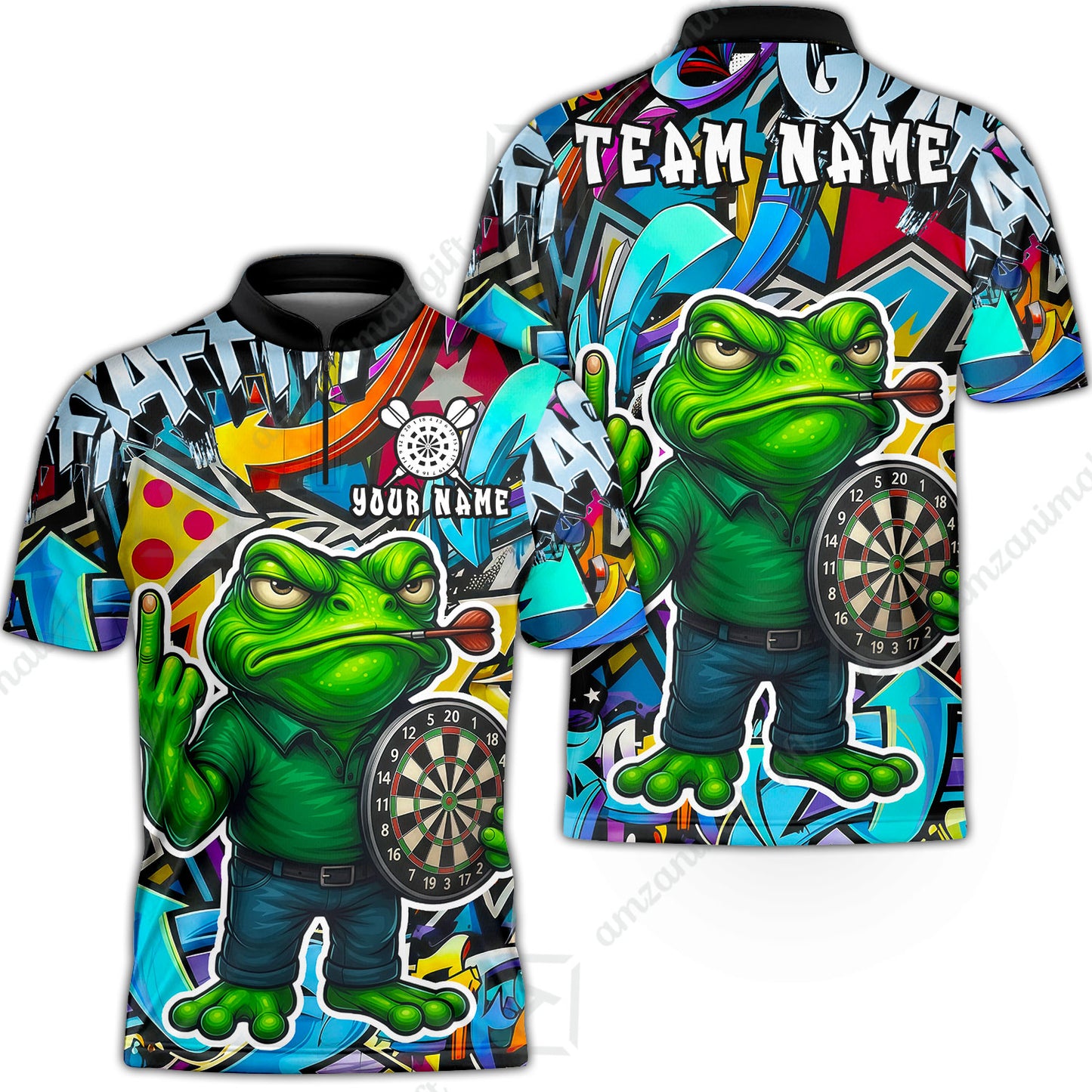 Custom Darts Team Uniform Jersey Darts, Cartoon Offended Frog Dartboard Unisex Polo Shirts, Darts Player Uniform, Personalized Name And Team Name