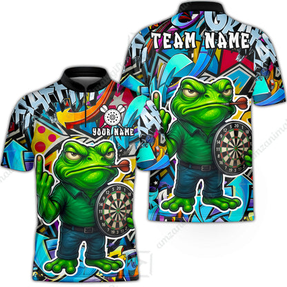 Custom Darts Team Uniform Jersey Darts, Cartoon Offended Frog Dartboard Unisex Polo Shirts, Darts Player Uniform, Personalized Name And Team Name