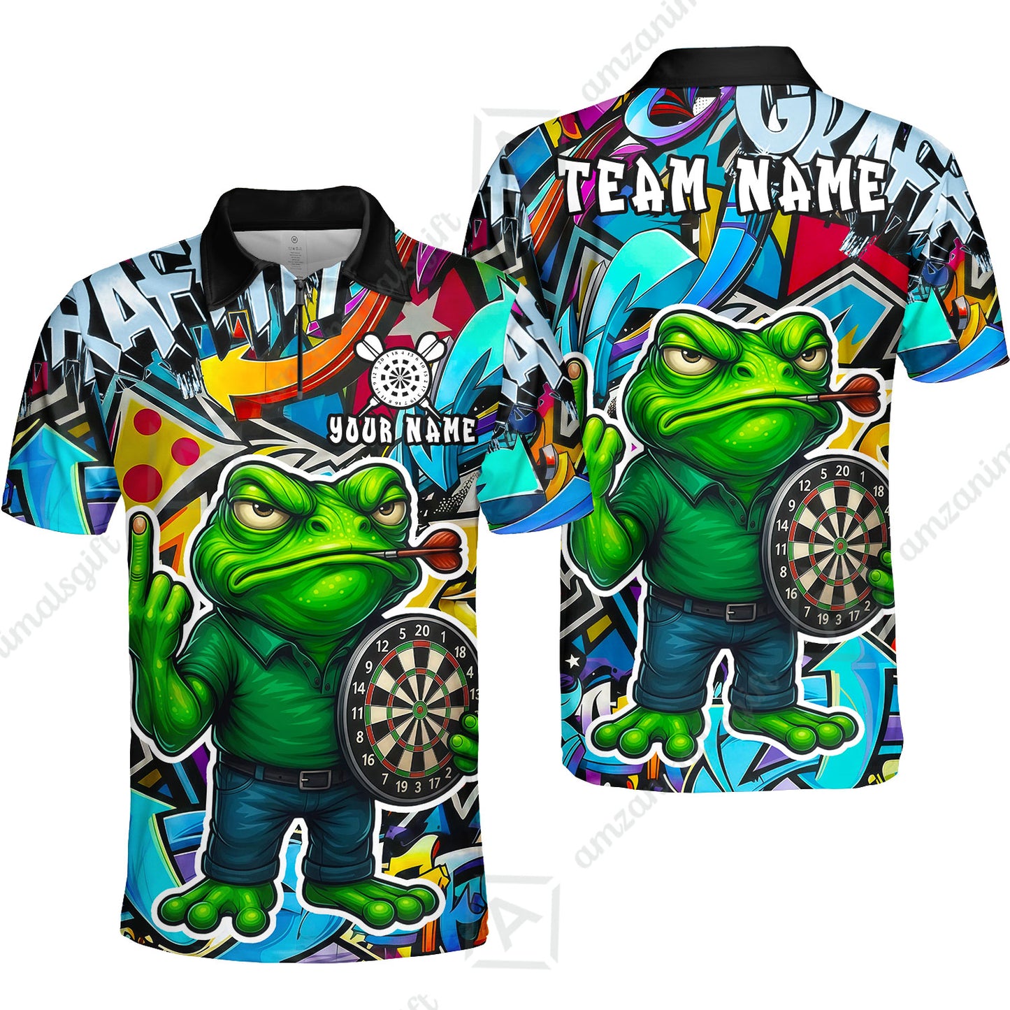 Custom Darts Team Uniform Jersey Darts, Cartoon Offended Frog Dartboard Unisex Polo Shirts, Darts Player Uniform, Personalized Name And Team Name