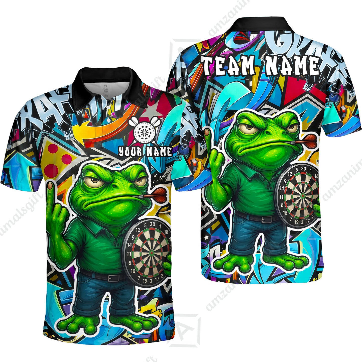 Custom Darts Team Uniform Jersey Darts, Cartoon Offended Frog Dartboard Unisex Polo Shirts, Darts Player Uniform, Personalized Name And Team Name