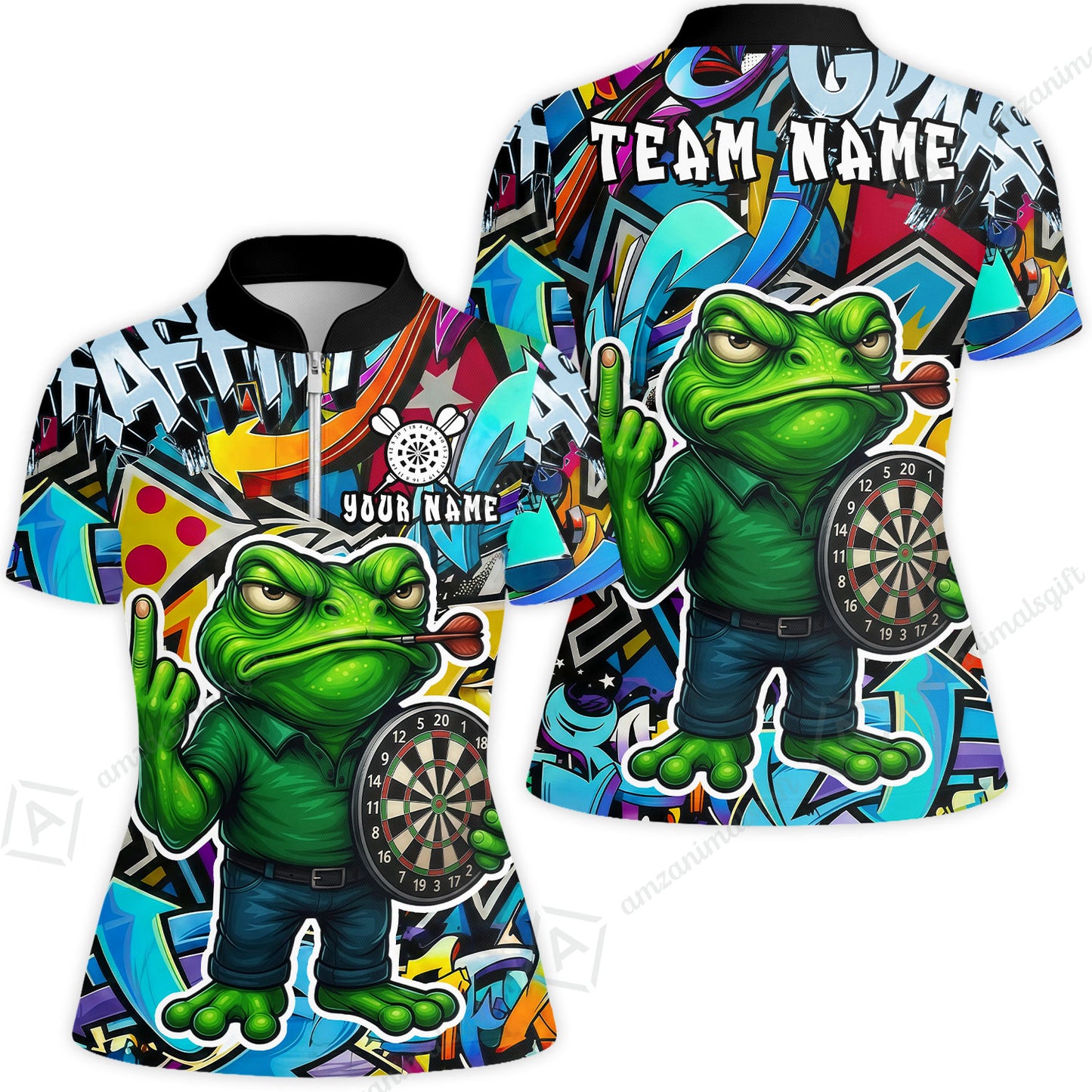 Custom Darts Team Uniform Jersey Darts, Cartoon Offended Frog Dartboard Unisex Polo Shirts, Darts Player Uniform, Personalized Name And Team Name