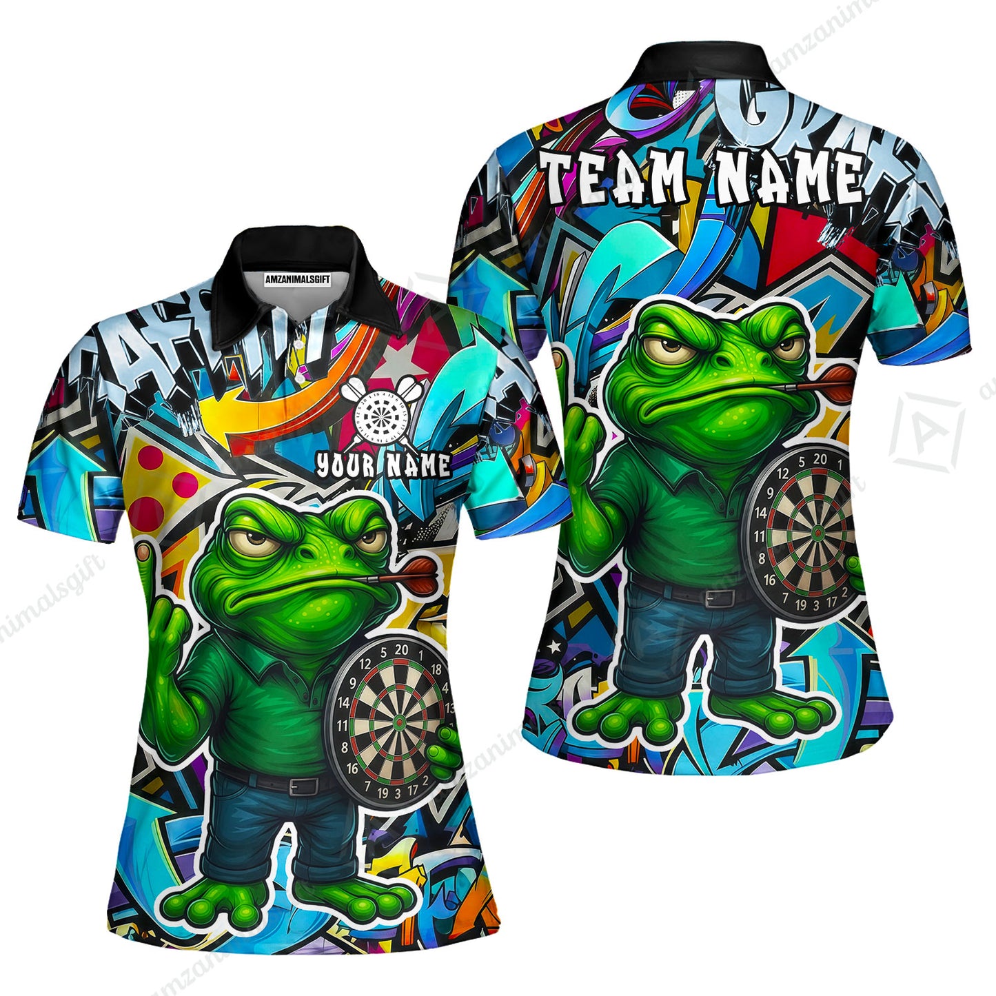 Custom Darts Team Uniform Jersey Darts, Cartoon Offended Frog Dartboard Unisex Polo Shirts, Darts Player Uniform, Personalized Name And Team Name