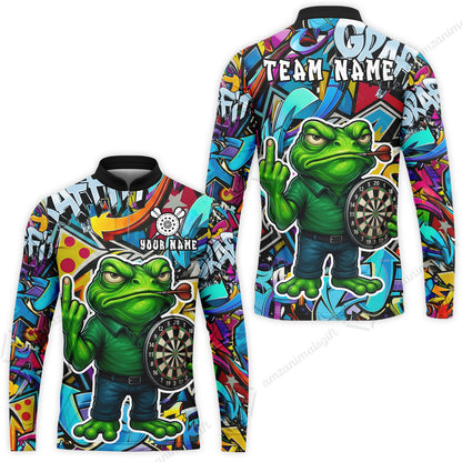 Custom Darts Team Uniform Jersey Darts, Cartoon Offended Frog Dartboard Unisex Polo Shirts, Darts Player Uniform, Personalized Name And Team Name