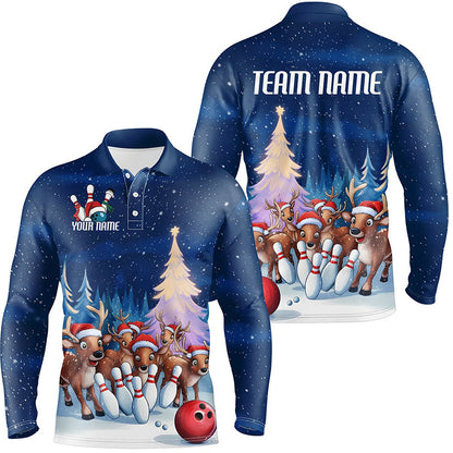 Custom Funny Christmas Reindeer Bowling Team Jerseys Polo Shirts, Xmas Bowling uniforms - Bowling Personalized Name And Team Name