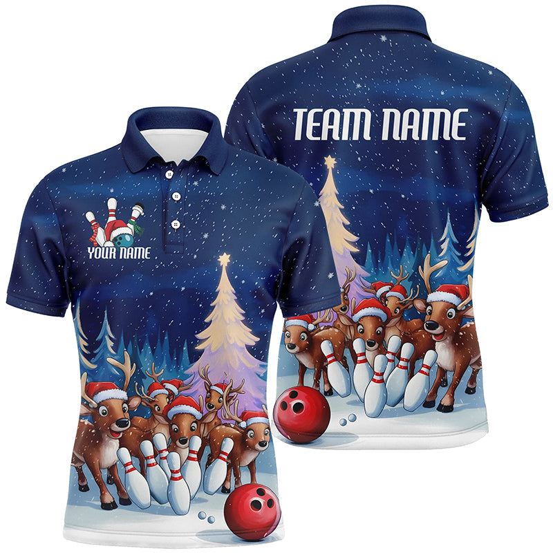 Custom Funny Christmas Reindeer Bowling Team Jerseys Polo Shirts, Xmas Bowling uniforms - Bowling Personalized Name And Team Name