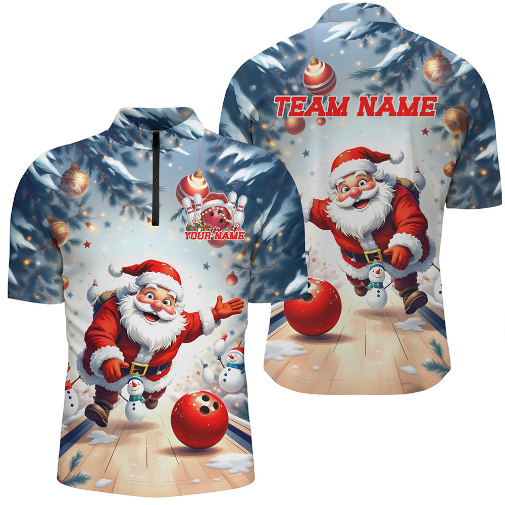 Custom Funny Santa Playing Bowling Team Jerseys Polo Shirts, Christmas Bowling uniforms - Bowling Polo Personalized Name And Team Name