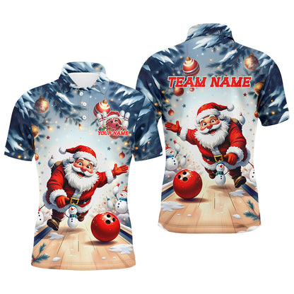 Custom Funny Santa Playing Bowling Team Jerseys Polo Shirts, Christmas Bowling uniforms - Bowling Polo Personalized Name And Team Name