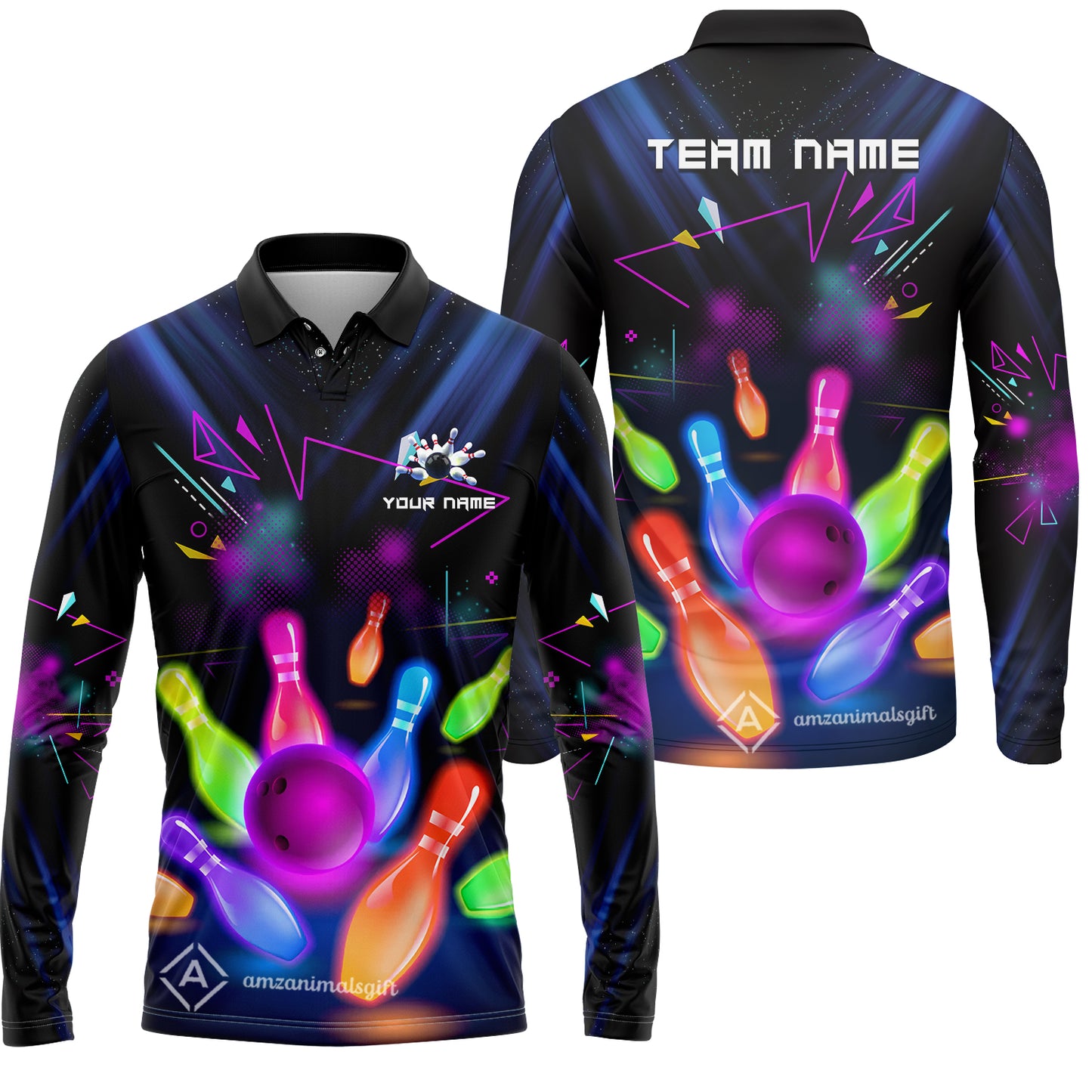 Custom Neon Bowling Team Jerseys Polo Shirts, Glow Strike Bowling uniforms, Bowling Ball Neon Bowling Personalized Name And Team Name