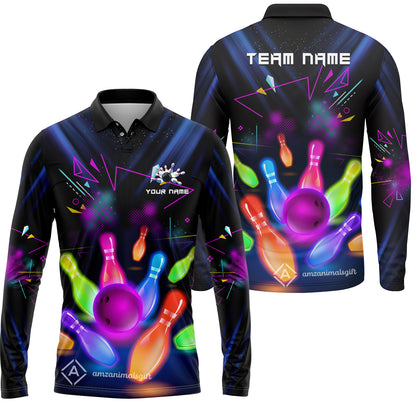 Custom Neon Bowling Team Jerseys Polo Shirts, Glow Strike Bowling uniforms, Bowling Ball Neon Bowling Personalized Name And Team Name