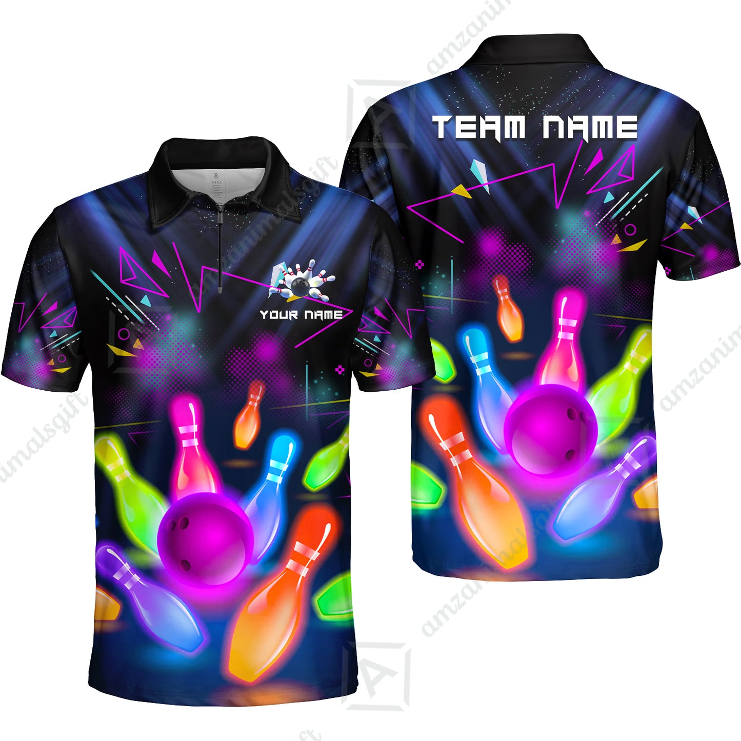 Custom Neon Bowling Team Jerseys Polo Shirts, Glow Strike Bowling uniforms, Bowling Ball Neon Bowling Personalized Name And Team Name