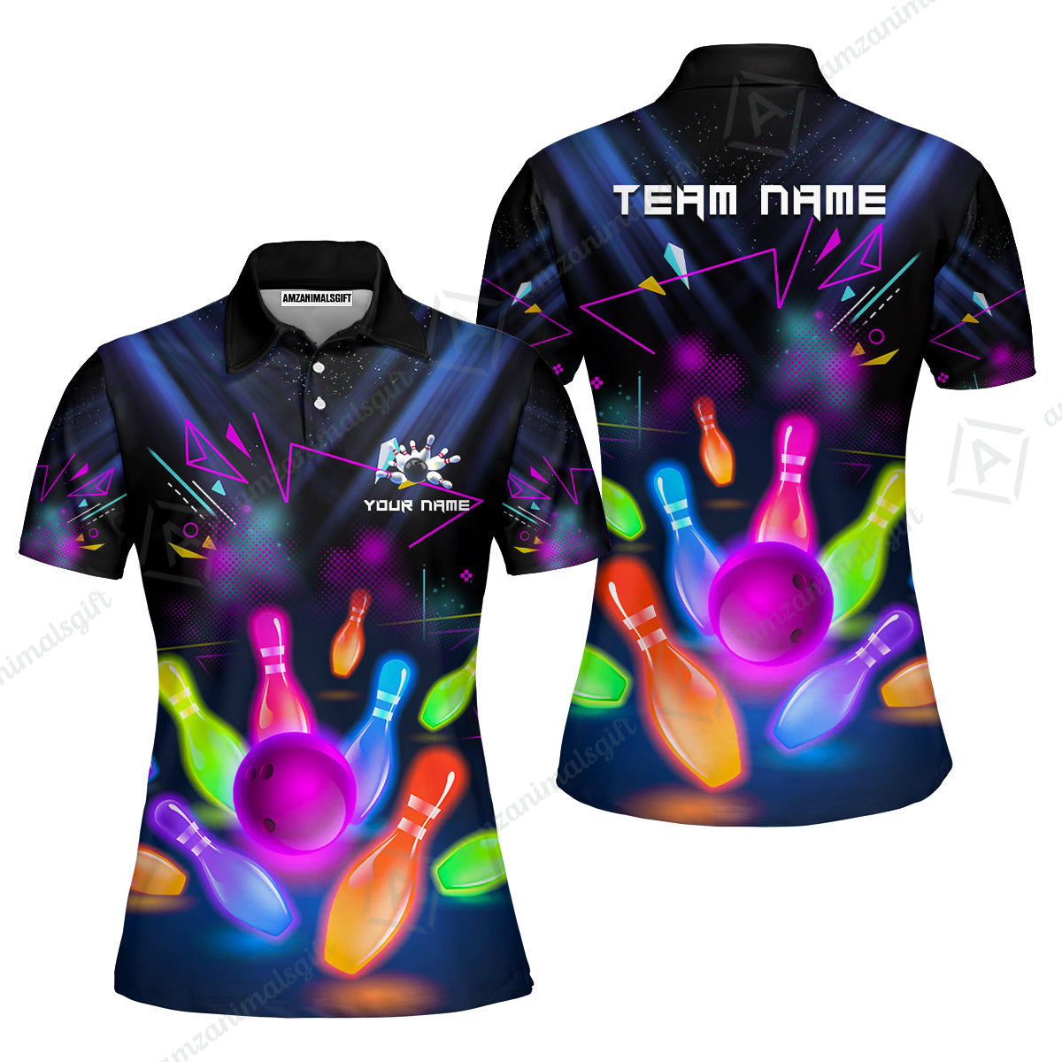 Custom Neon Bowling Team Jerseys Polo Shirts, Glow Strike Bowling uniforms, Bowling Ball Neon Bowling Personalized Name And Team Name