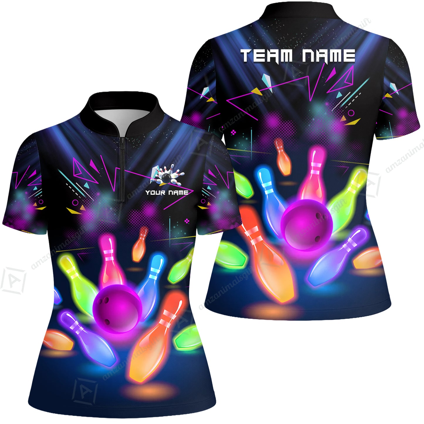 Custom Neon Bowling Team Jerseys Polo Shirts, Glow Strike Bowling uniforms, Bowling Ball Neon Bowling Personalized Name And Team Name