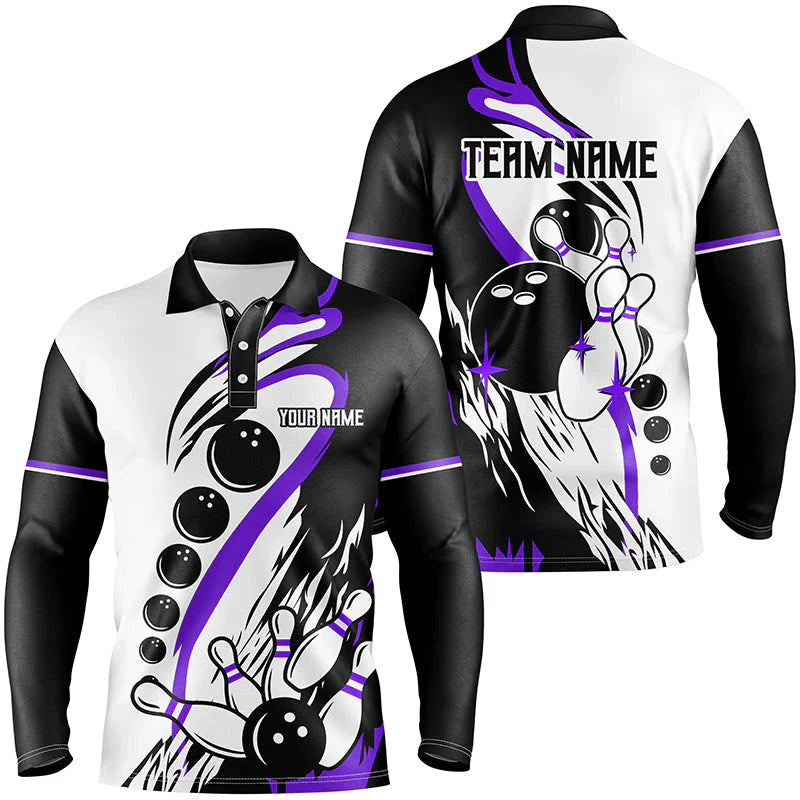 Custom Purple Turquoise Retro Bowling League Jersey, Custom Bowling Team Jerseys Polo Shirts, Custom Bowling Uniforms Jerseys