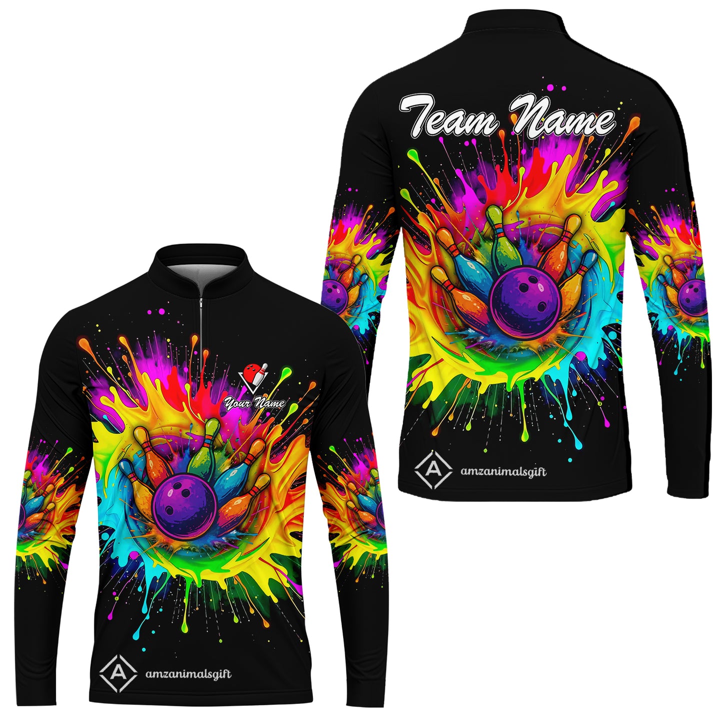 Custom Rainbow Bowling Team Jerseys Polo Shirts, Bowling uniforms, Rainbow Bowling Blast Colorful Bowling Personalized Name And Team Name