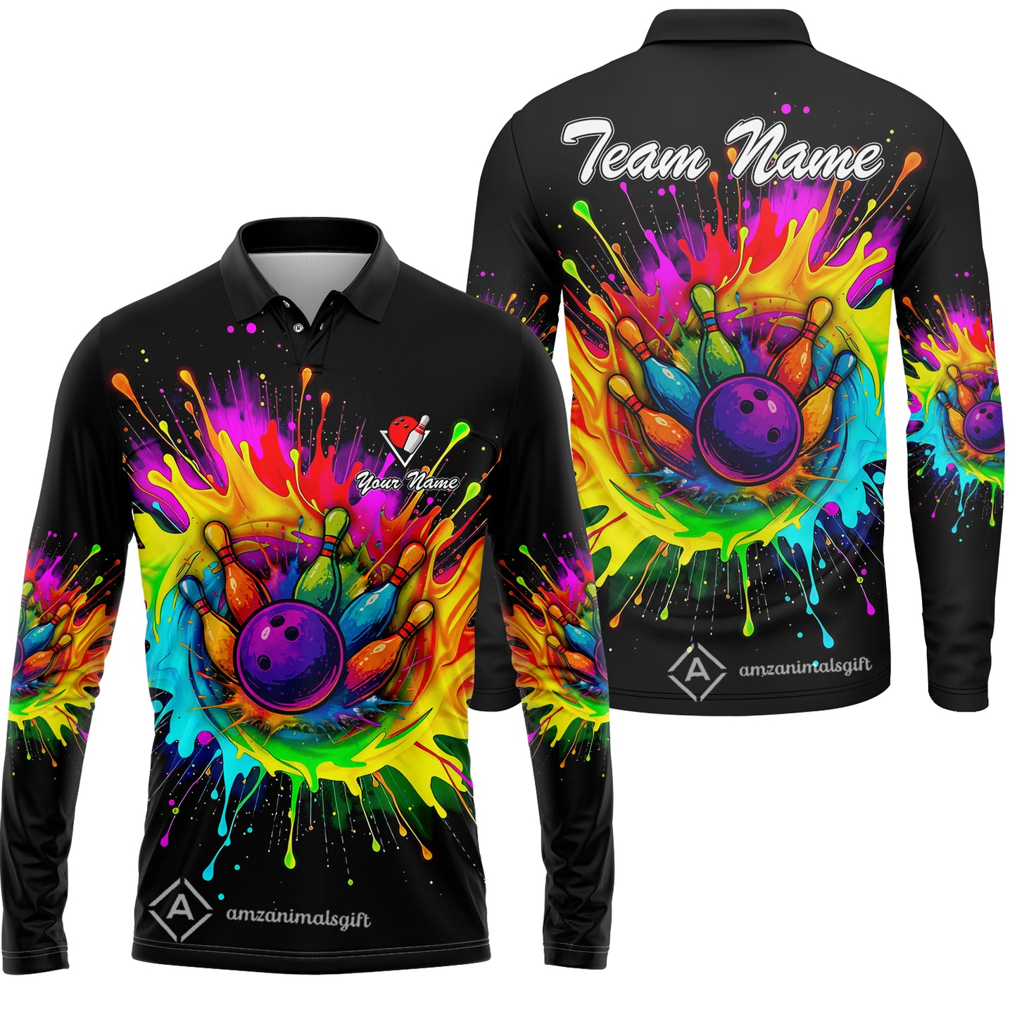 Custom Rainbow Bowling Team Jerseys Polo Shirts, Bowling uniforms, Rainbow Bowling Blast Colorful Bowling Personalized Name And Team Name