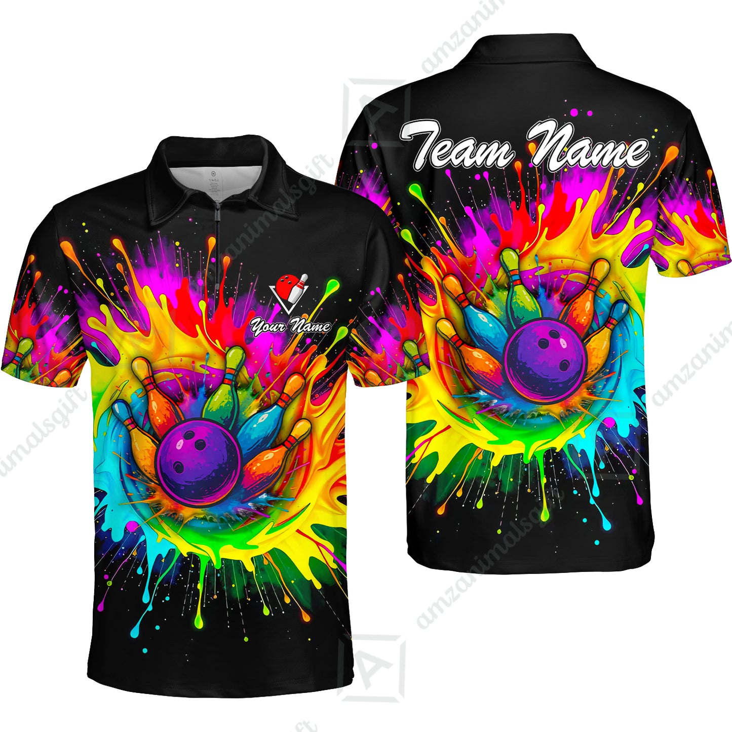 Custom Rainbow Bowling Team Jerseys Polo Shirts, Bowling uniforms, Rainbow Bowling Blast Colorful Bowling Personalized Name And Team Name