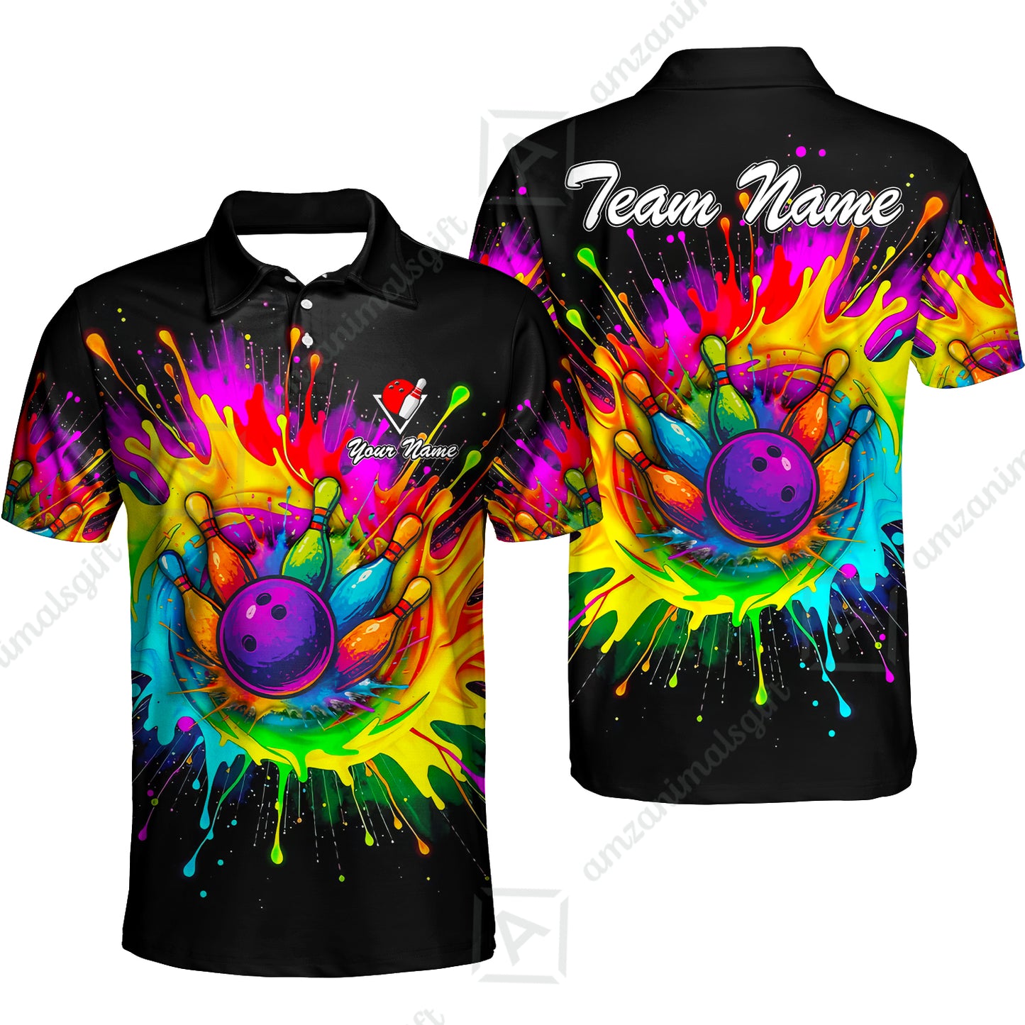 Custom Rainbow Bowling Team Jerseys Polo Shirts, Bowling uniforms, Rainbow Bowling Blast Colorful Bowling Personalized Name And Team Name