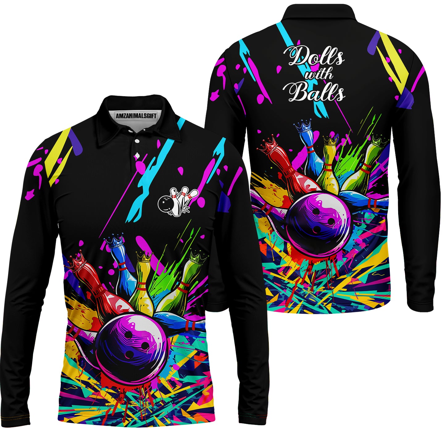 Custom Rainbow Multicolor Paint Brushes Patterns and Little Crowns Bowling Team Jerseys Polo Shirts, Custom Bowling Uniforms Jerseys
