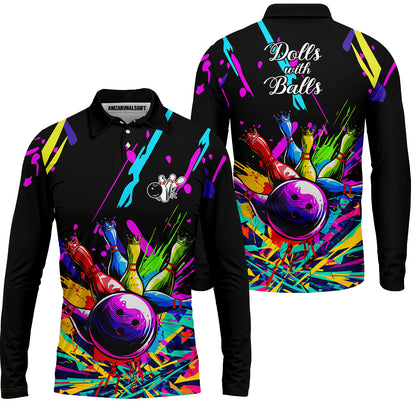 Custom Rainbow Multicolor Paint Brushes Patterns and Little Crowns Bowling Team Jerseys Polo Shirts, Custom Bowling Uniforms Jerseys
