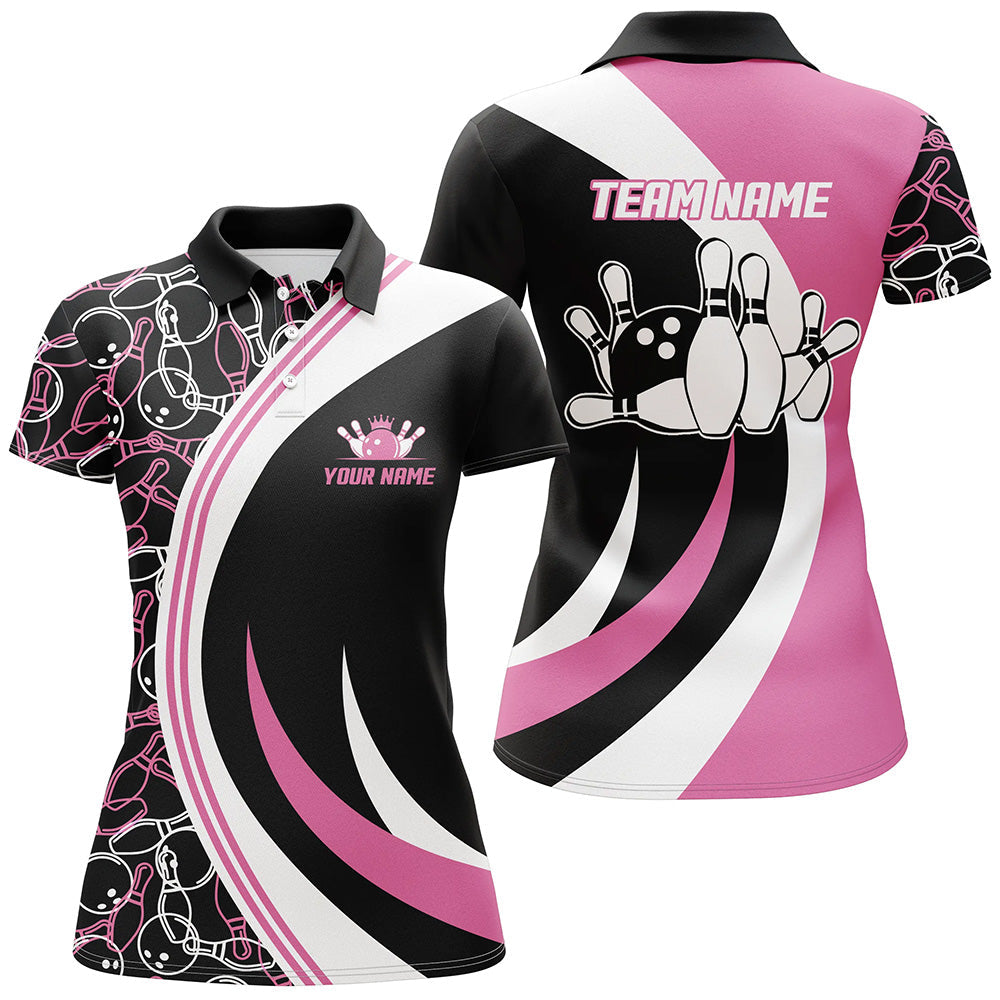 Custom Team Name Black Pink Bowling Team Jersey - Bowling uniforms  Seamless Pattern Bowling Zip Polo Shirts - Uniform Shirt For Bowlers
