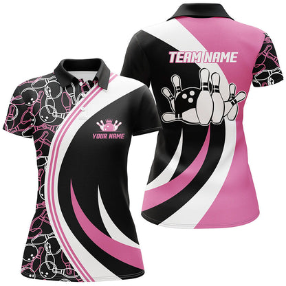 Custom Team Name Black Pink Bowling Team Jersey - Bowling uniforms  Seamless Pattern Bowling Zip Polo Shirts - Uniform Shirt For Bowlers