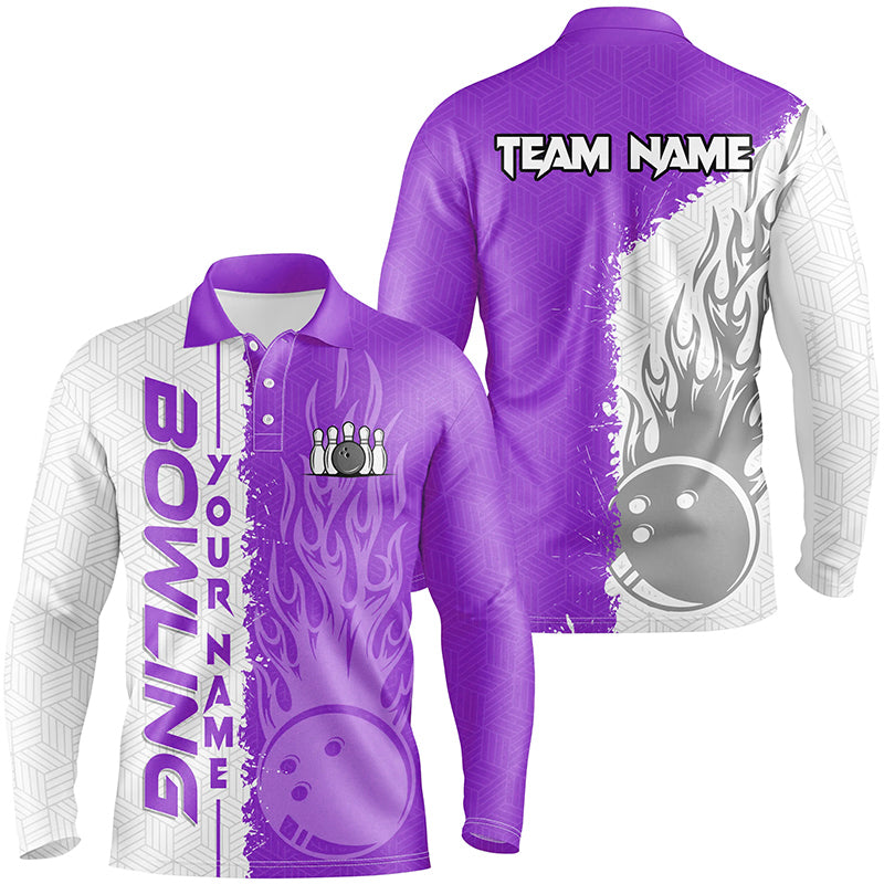 Custom White and Purple Flame Bowling Team Jersey Polo Shirts, Bowling Team Uniforms Jerseys, Personalized Name And Team Name