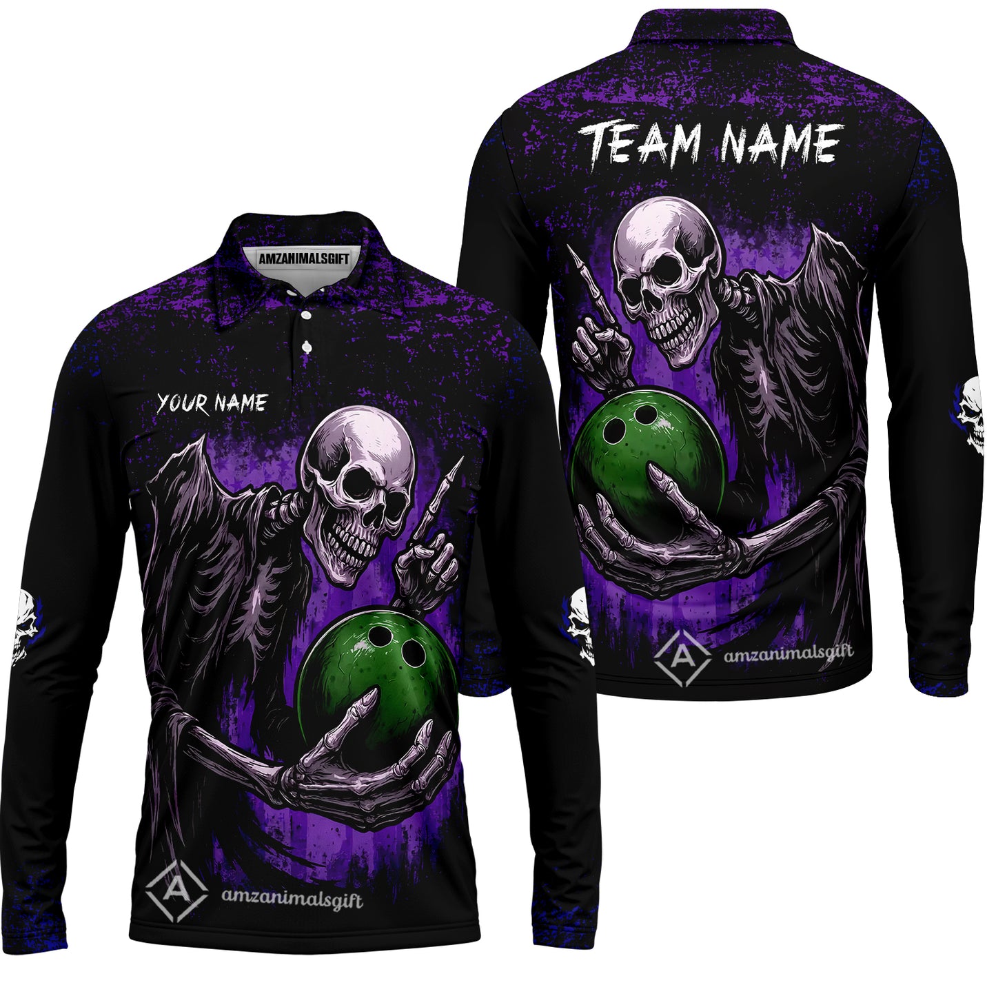 Custom Colorful Skeleton Bowling Team Jerseys Polo Shirts, Bowling uniforms, Bowling Shirts Personalized Name And Team Name