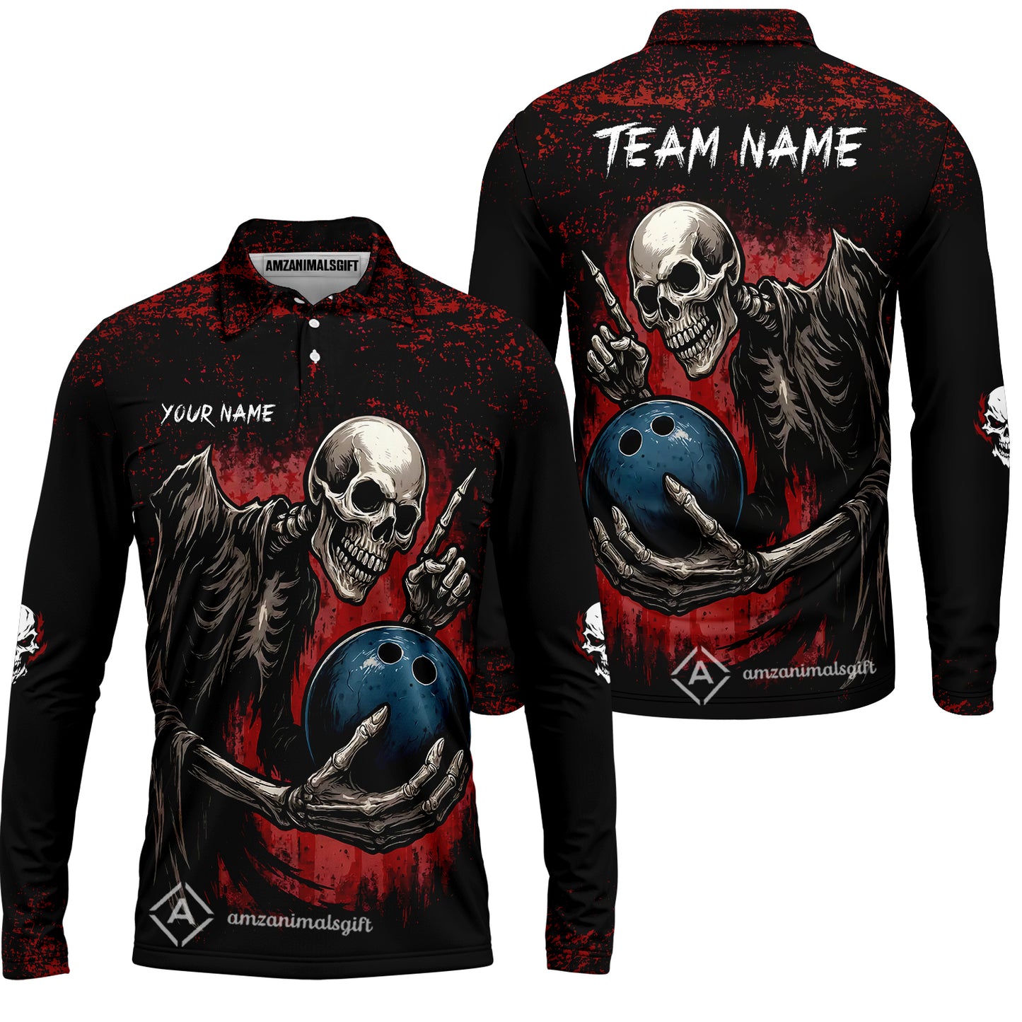 Custom Colorful Skeleton Bowling Team Jerseys Polo Shirts, Bowling uniforms, Bowling Shirts Personalized Name And Team Name