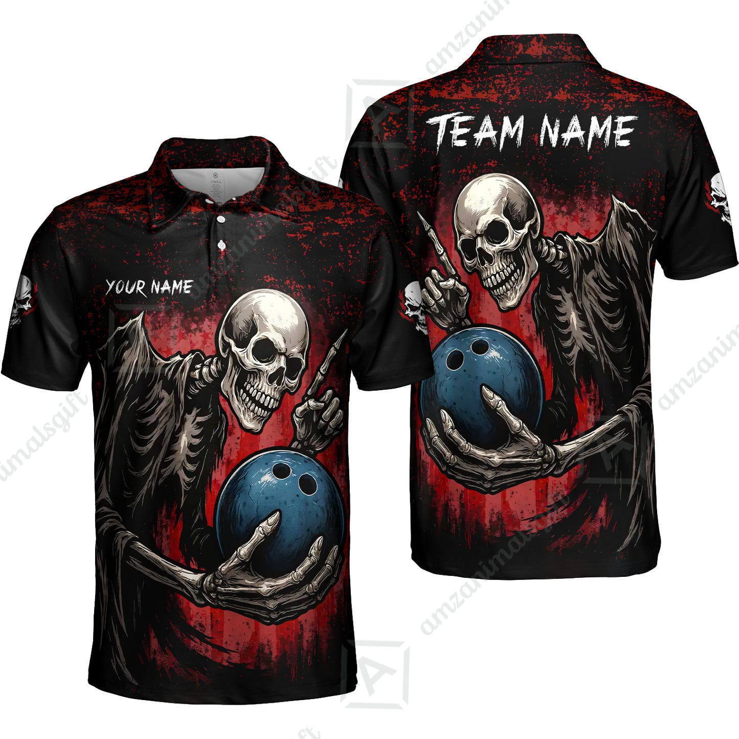Custom Colorful Skeleton Bowling Team Jerseys Polo Shirts, Bowling uniforms, Bowling Shirts Personalized Name And Team Name