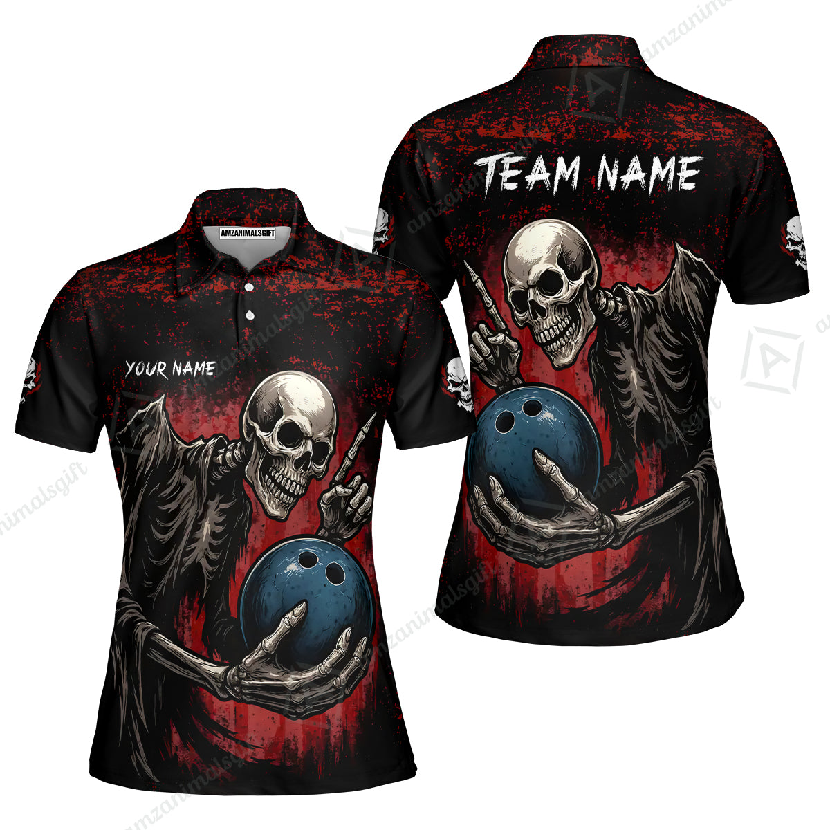 Custom Colorful Skeleton Bowling Team Jerseys Polo Shirts, Bowling uniforms, Bowling Shirts Personalized Name And Team Name