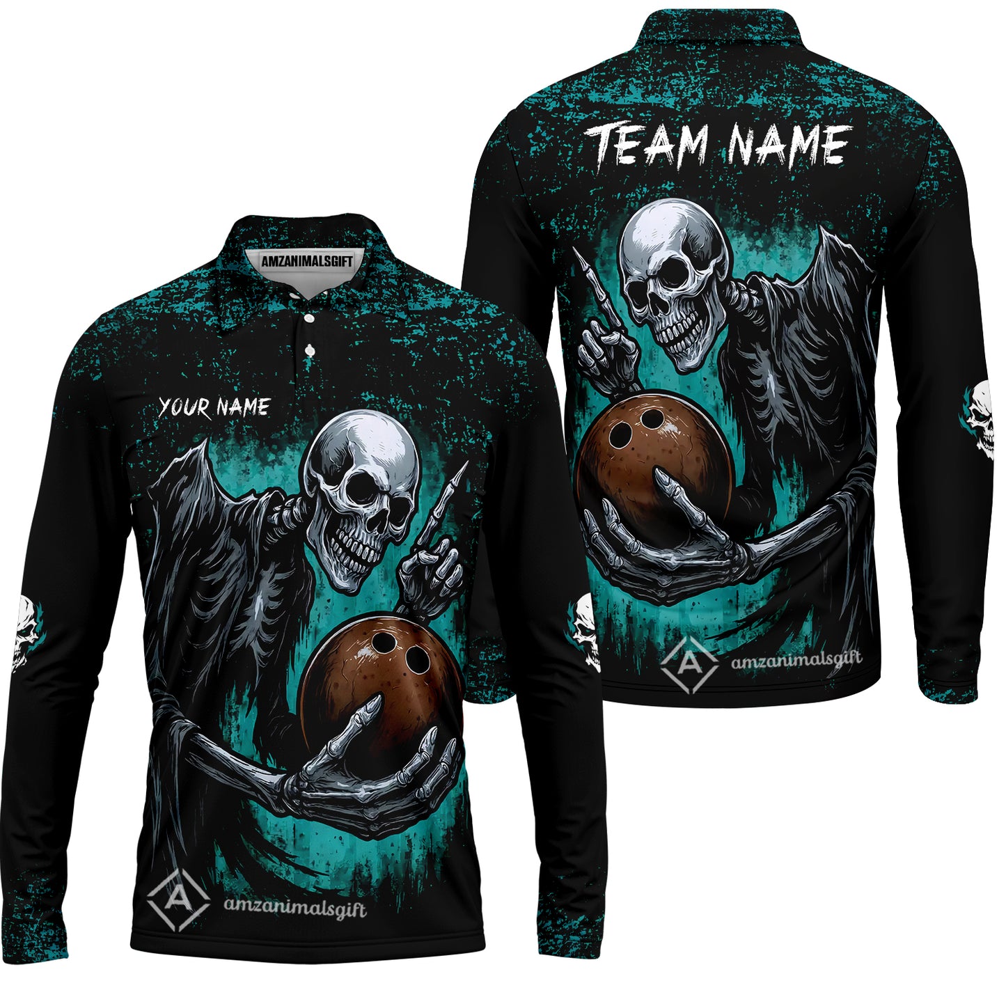 Custom Colorful Skeleton Bowling Team Jerseys Polo Shirts, Bowling uniforms, Bowling Shirts Personalized Name And Team Name