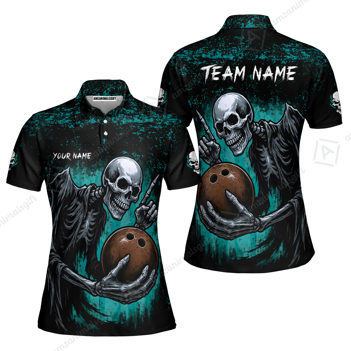 Custom Colorful Skeleton Bowling Team Jerseys Polo Shirts, Bowling uniforms, Bowling Shirts Personalized Name And Team Name