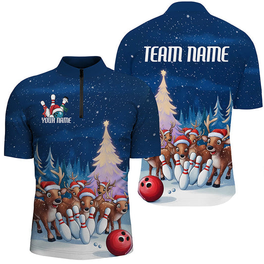 Custom Funny Christmas Reindeer Bowling Team Jerseys Polo Shirts, Xmas Bowling uniforms - Bowling Personalized Name And Team Name