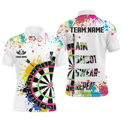 Custom Funny Dartboards Colorful Paint Quarter Zip Polo Team Shirts, Custom Aim Shoot Swear Repeat Darts Team Jerseys Uniform - White