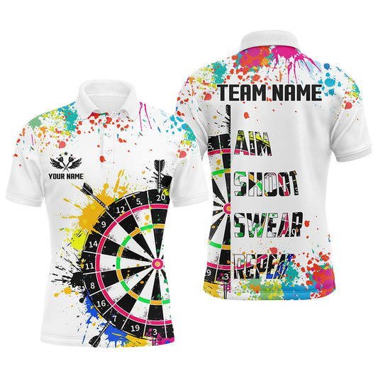 Custom Funny Dartboards Colorful Paint Quarter Zip Polo Team Shirts, Custom Aim Shoot Swear Repeat Darts Team Jerseys Uniform - White