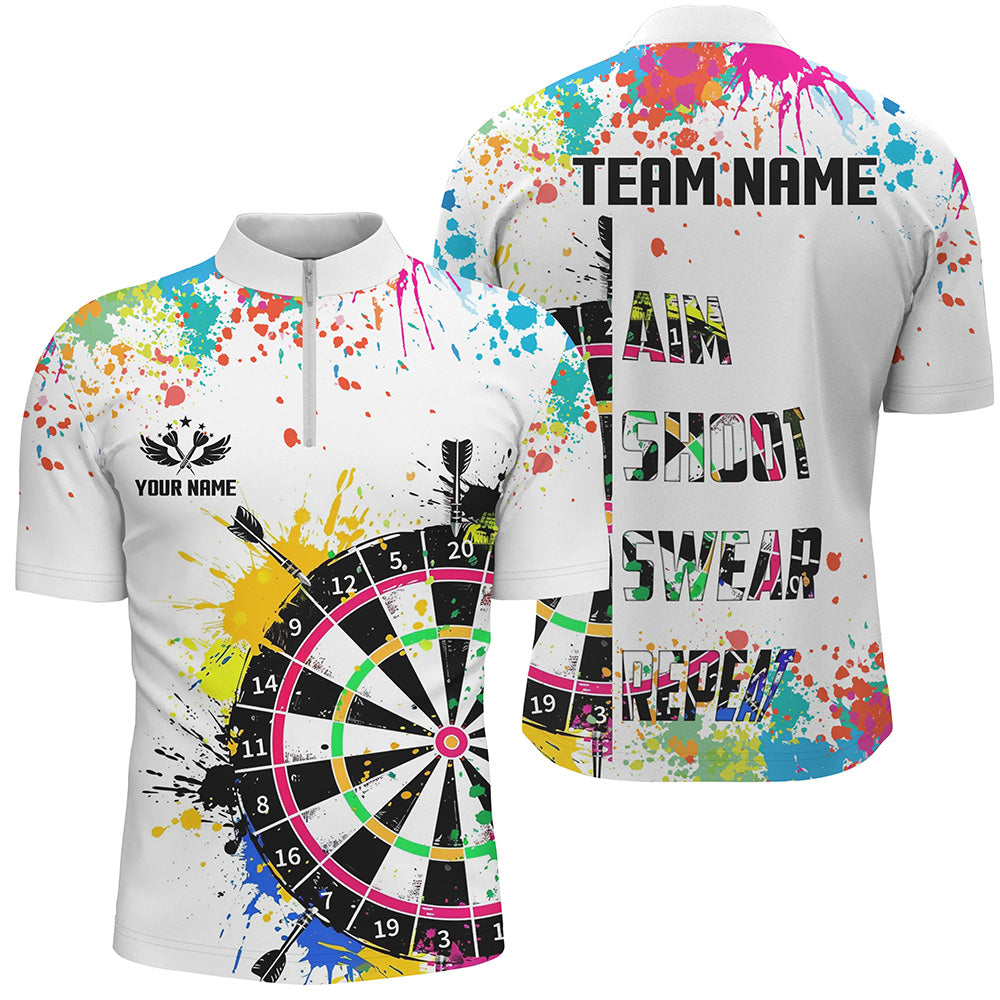 Custom Funny Dartboards Colorful Paint Quarter Zip Polo Team Shirts, Custom Aim Shoot Swear Repeat Darts Team Jerseys Uniform - White