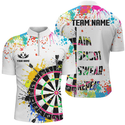 Custom Funny Dartboards Colorful Paint Quarter Zip Polo Team Shirts, Custom Aim Shoot Swear Repeat Darts Team Jerseys Uniform - White