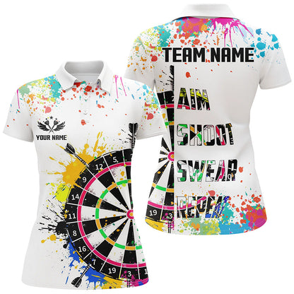 Custom Funny Dartboards Colorful Paint Quarter Zip Polo Team Shirts, Custom Aim Shoot Swear Repeat Darts Team Jerseys Uniform - White