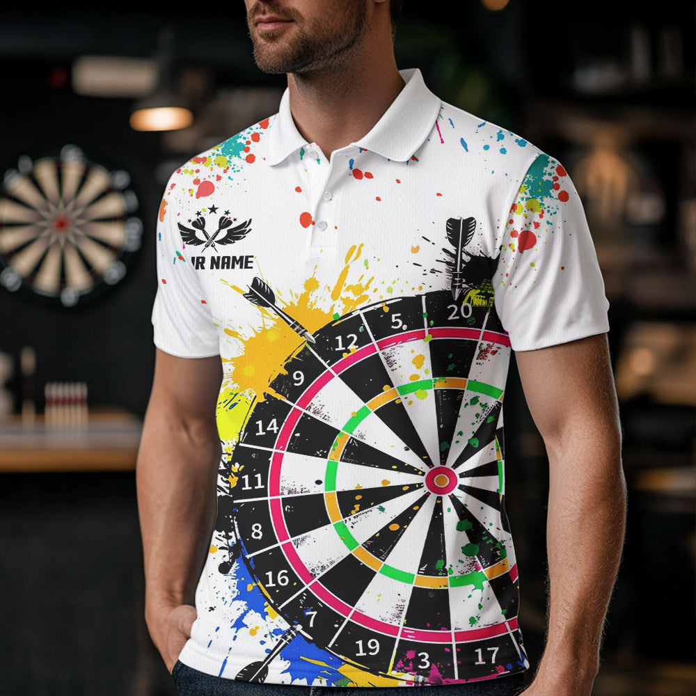 Custom Funny Dartboards Colorful Paint Quarter Zip Polo Team Shirts, Custom Aim Shoot Swear Repeat Darts Team Jerseys Uniform - White