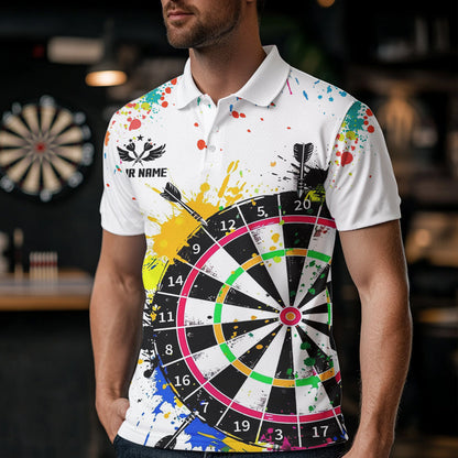 Custom Funny Dartboards Colorful Paint Quarter Zip Polo Team Shirts, Custom Aim Shoot Swear Repeat Darts Team Jerseys Uniform - White