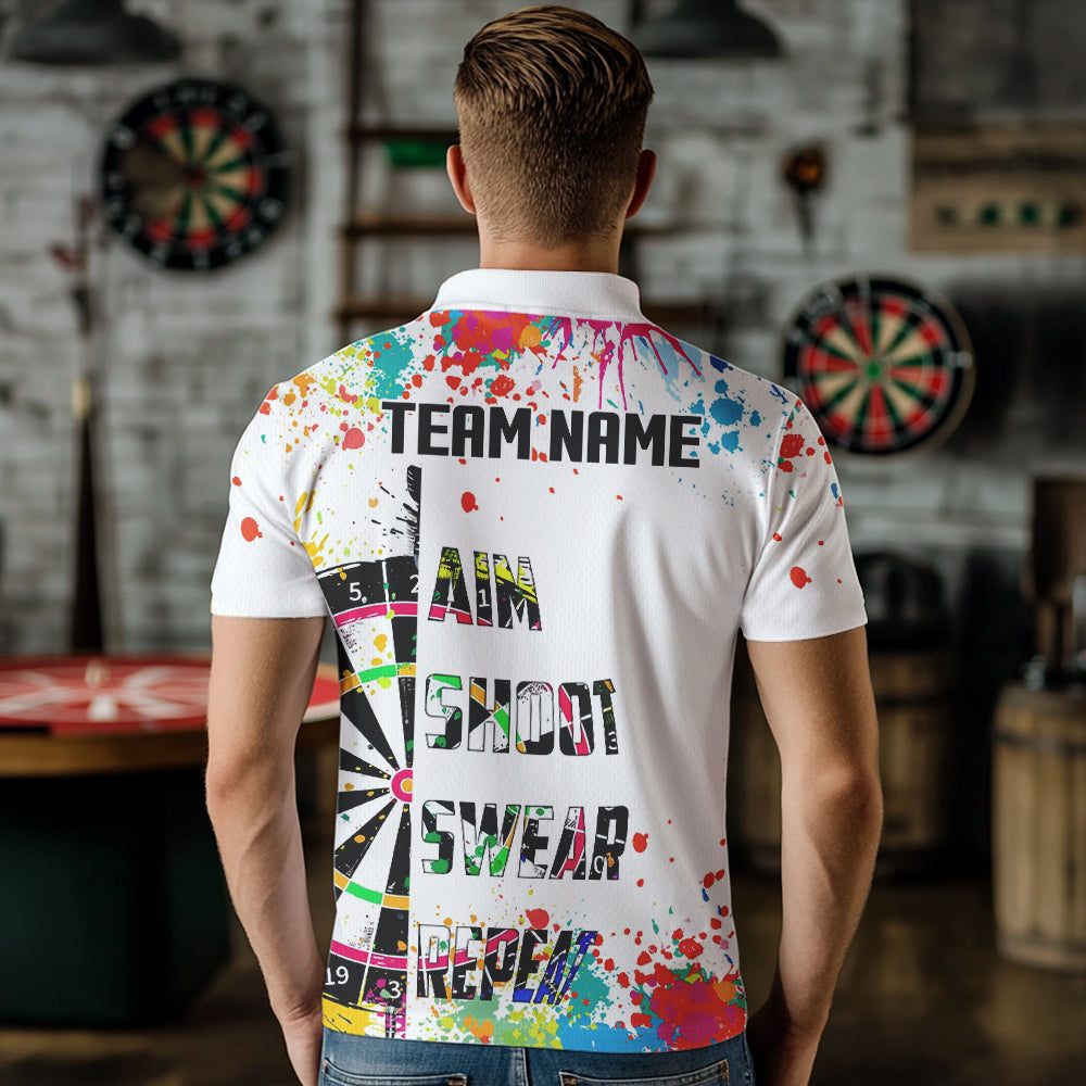 Custom Funny Dartboards Colorful Paint Quarter Zip Polo Team Shirts, Custom Aim Shoot Swear Repeat Darts Team Jerseys Uniform - White