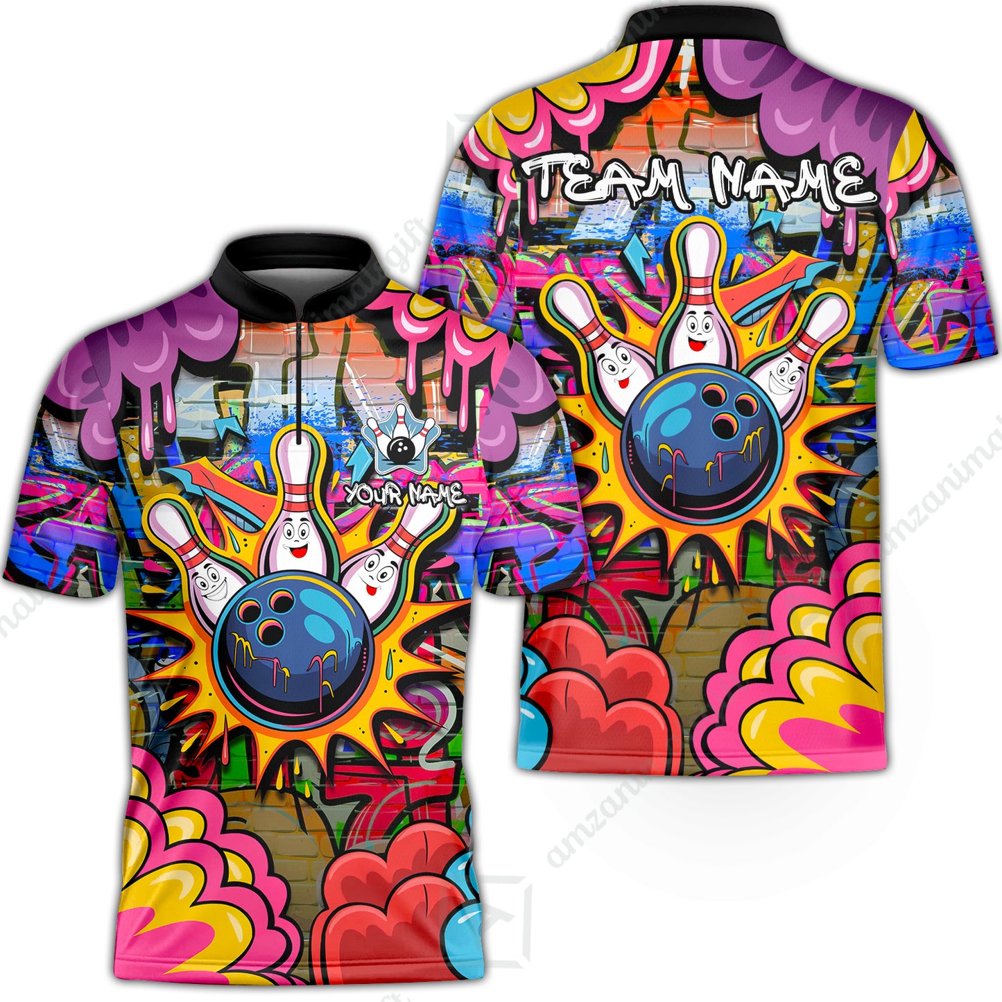 Custom Street Graffiti Bowling Team Jerseys Polo Shirts, Bowling uniforms, Street Graffiti Colorful Bowling Personalized Name And Team Name Flat Neck Zipper