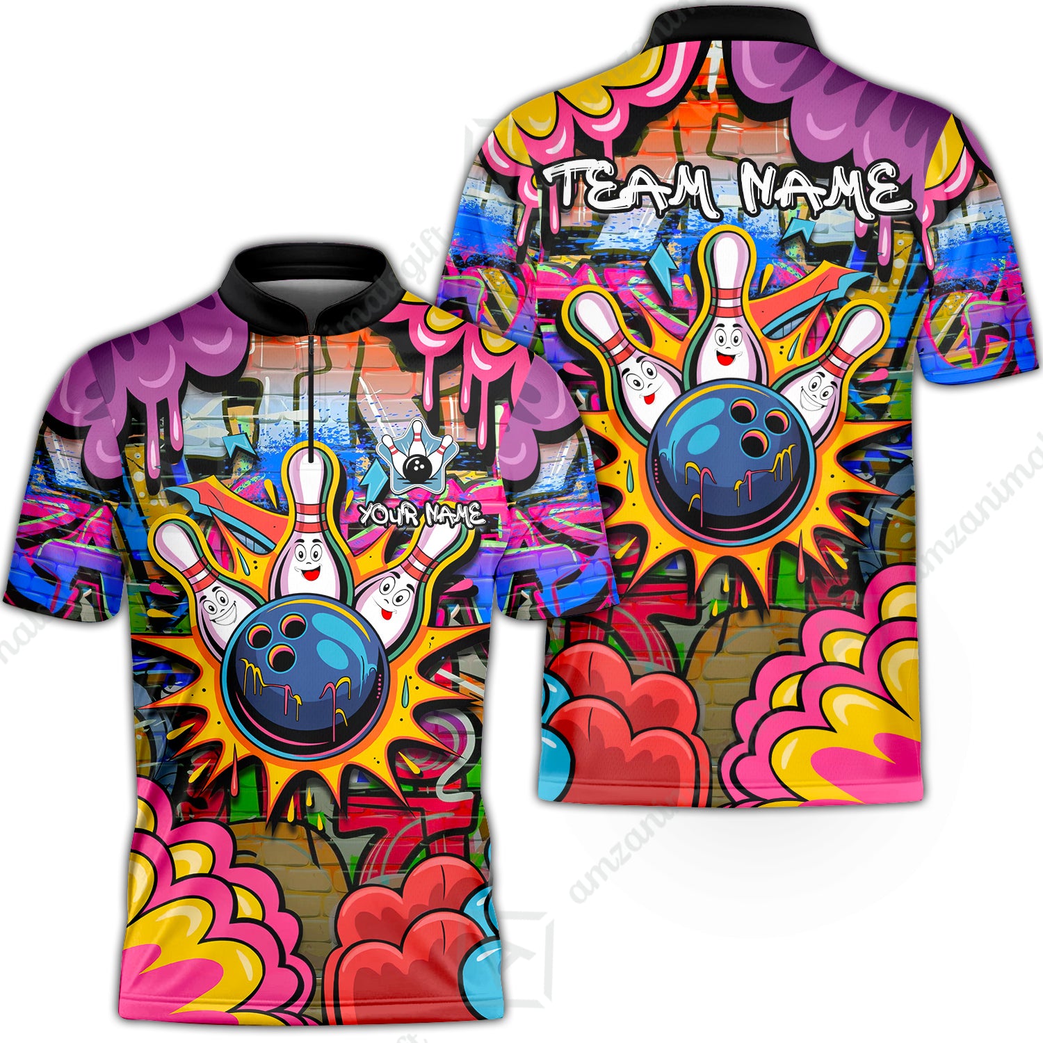 Custom Street Graffiti Bowling Team Jerseys Polo Shirts, Bowling uniforms, Street Graffiti Colorful Bowling Personalized Name And Team Name Flat Neck Zipper