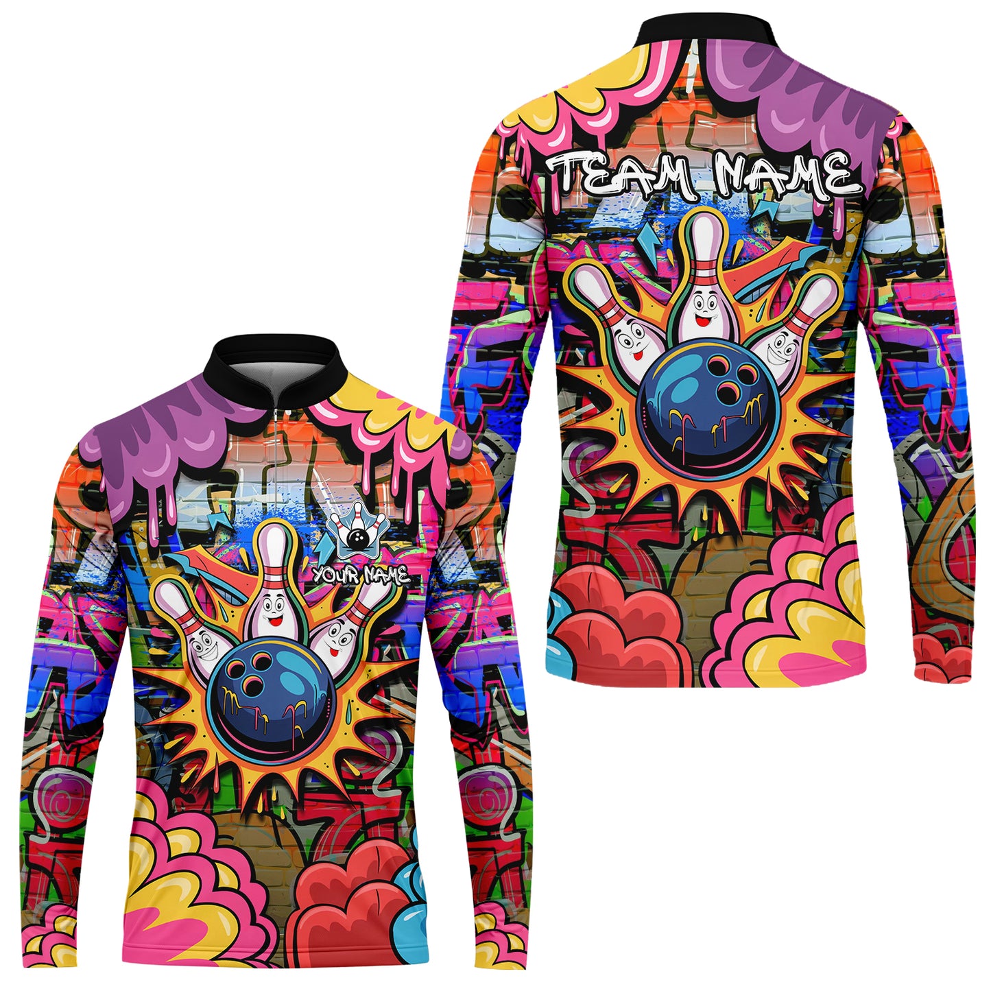 Custom Street Graffiti Bowling Team Jerseys Polo Shirts, Bowling uniforms, Street Graffiti Colorful Bowling Personalized Name And Team Name 