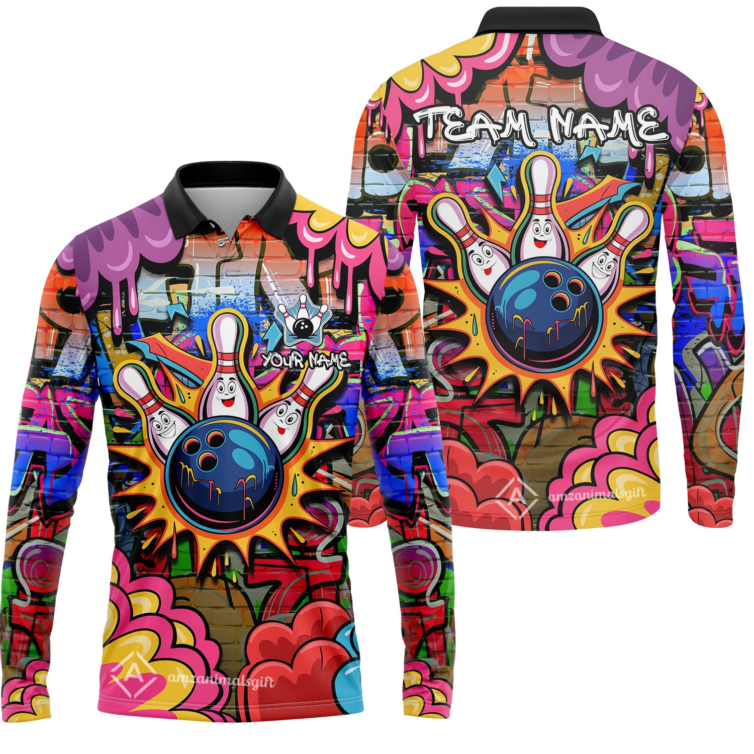 Custom Street Graffiti Bowling Team Jerseys Polo Shirts, Bowling uniforms, Street Graffiti Colorful Bowling Personalized Name And Team Name 
